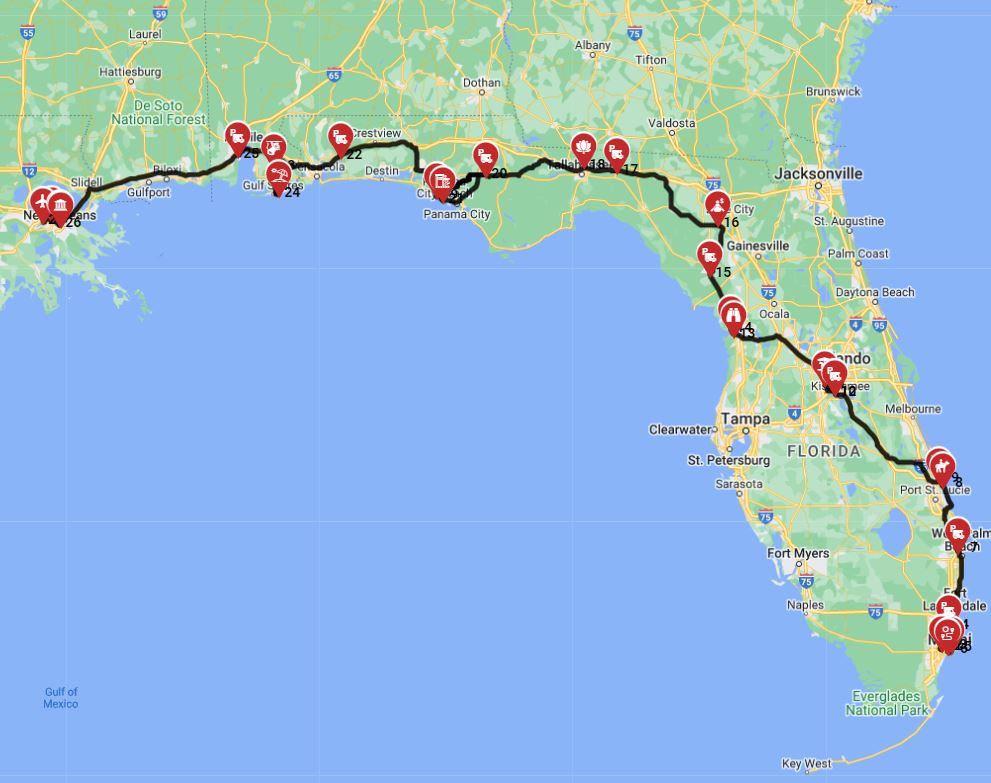 Motorhome route plan from Miami to New Orleans